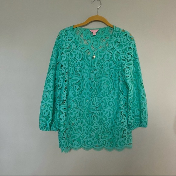 Lilly Pulitzer Turquoise Teal Eyelet Longsleeve Blouse Top Size S - Picture 3 of 11